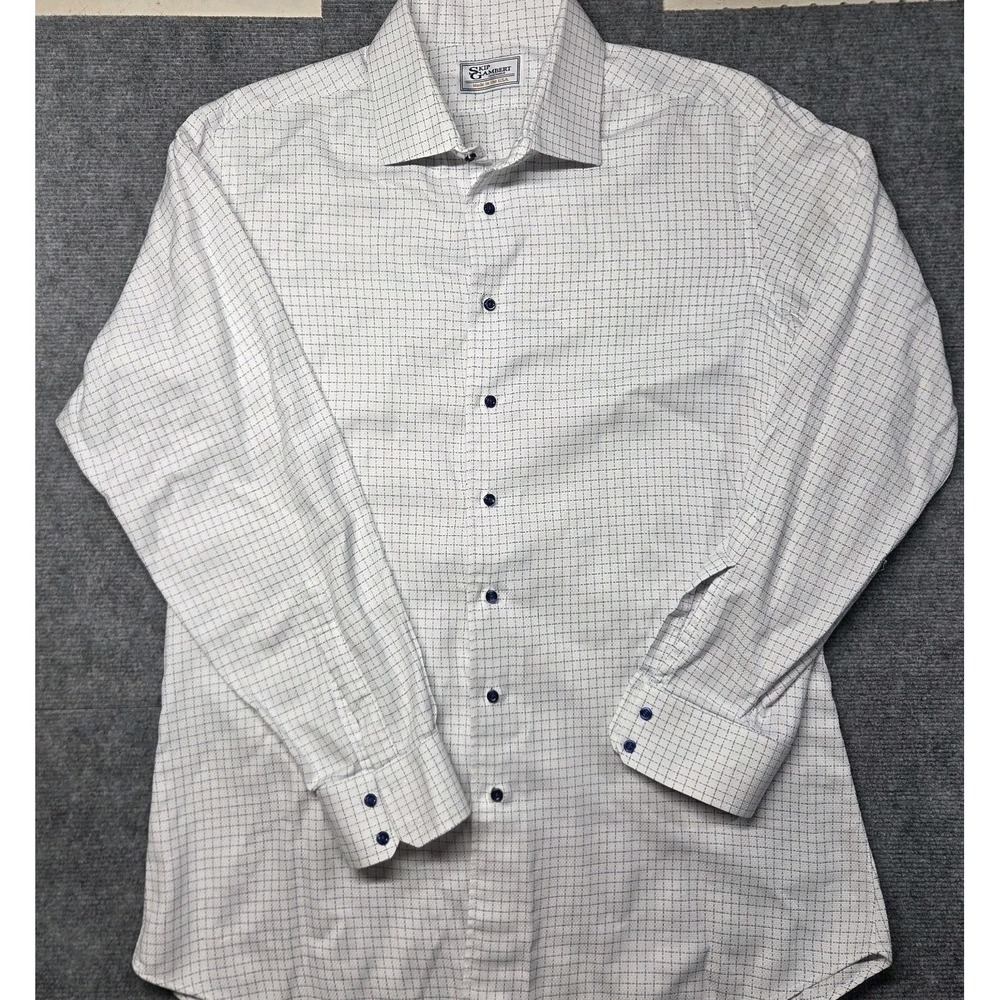 Skip Gambert Made USA White Blue Check Dress Shirt Mens L XL Luxury Button Up